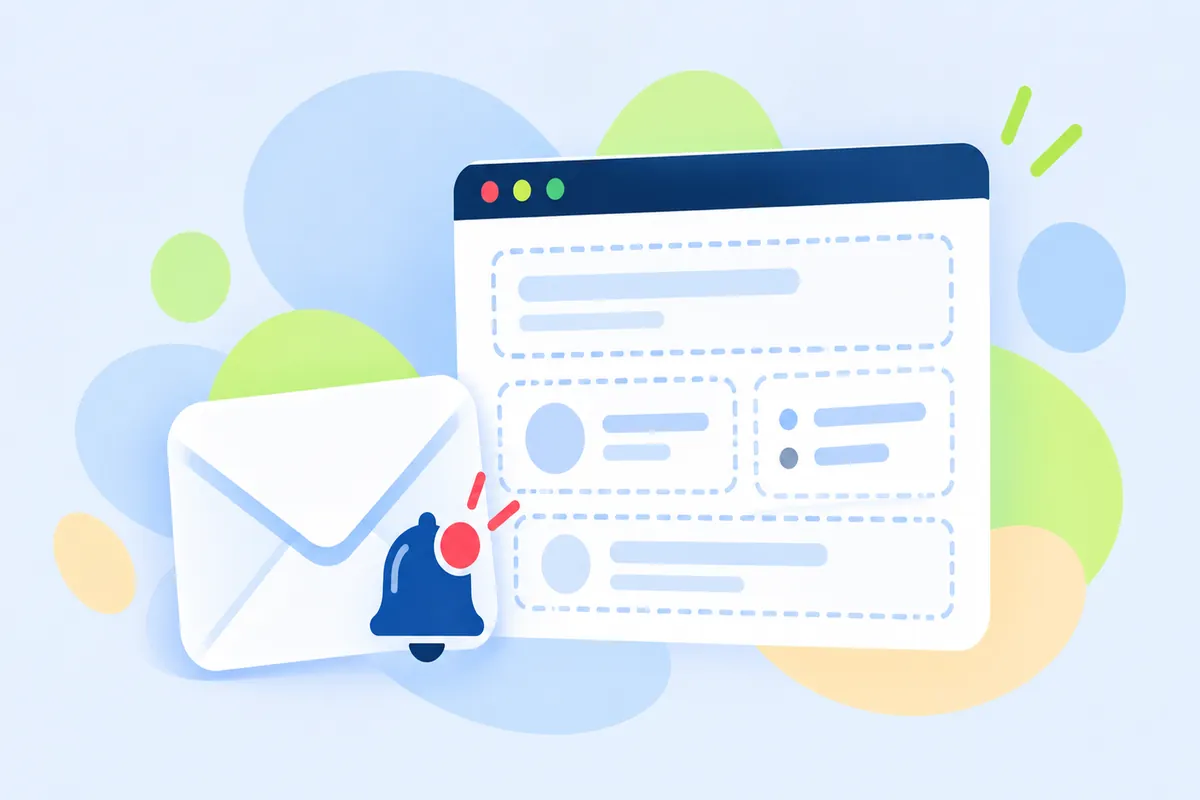 An envelope with a bell next to a browser window with empty dashed areas