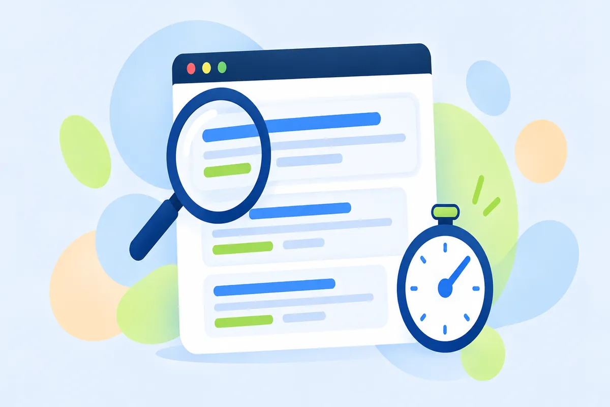 A browser window with search results under a magnifying glass, next to a stopwatch