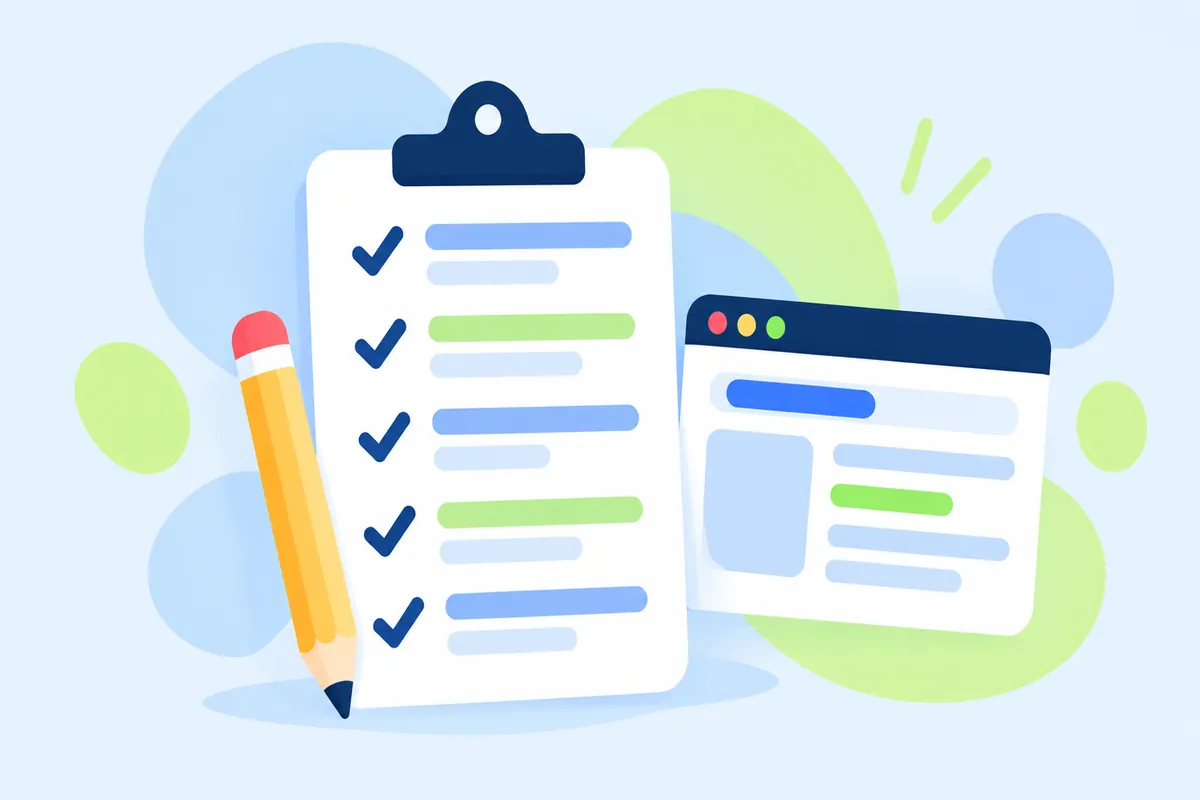 A clipboard with a checklist next to a small browser window