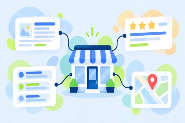 A small shop front connected by lines to a newspaper, a review card, a forum card and a map pin