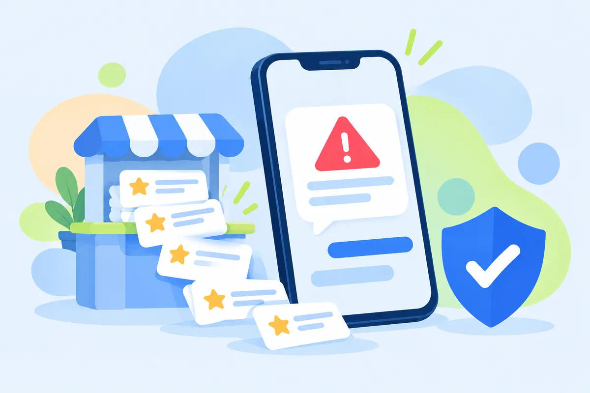 A phone with a warning message, single-star review cards sliding off a shop counter, and a shield