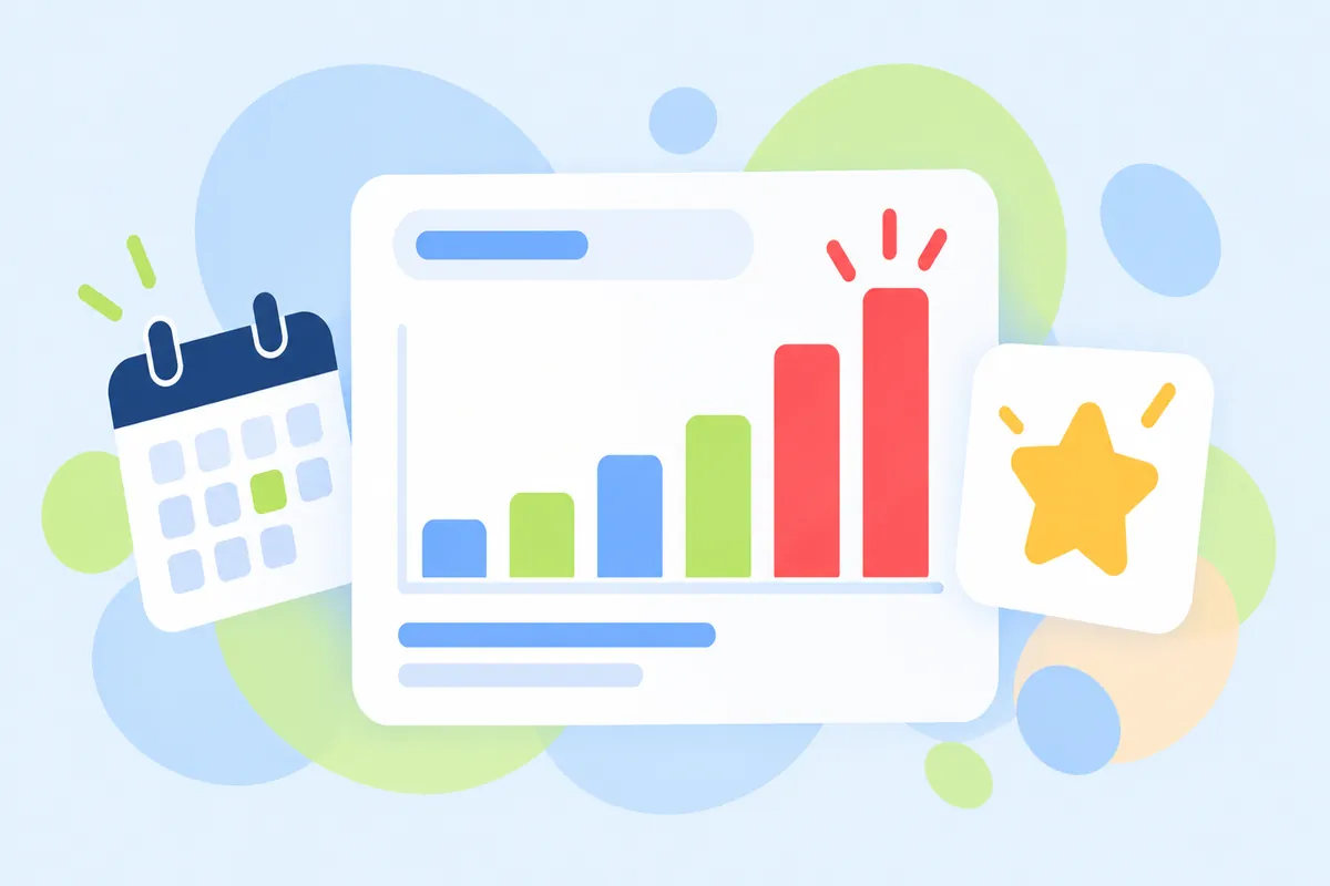 A bar chart with the last two bars spiking up in red, next to a calendar page and a star