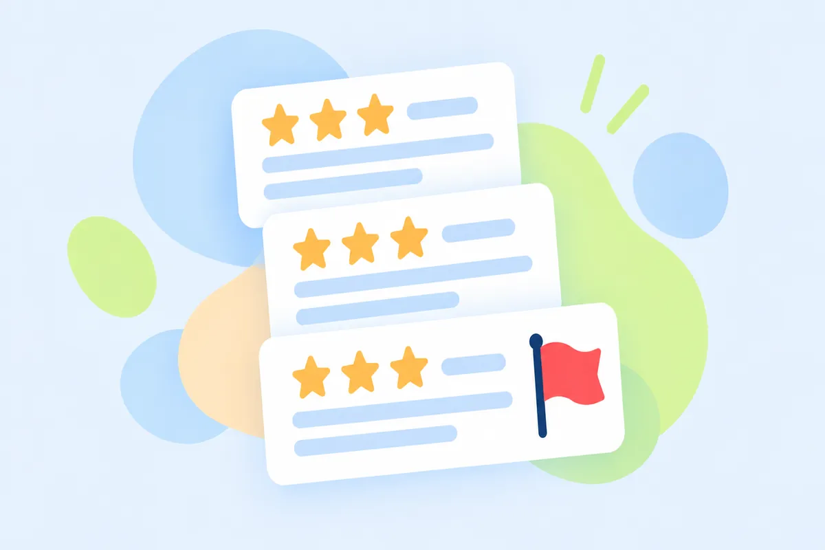 Stacked review cards with stars, two of them identical, one with a red flag