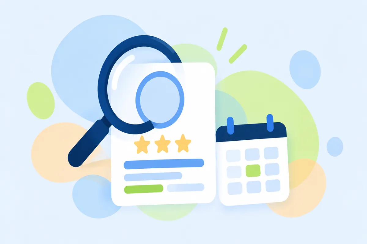 A magnifying glass over a reviewer profile card with one star row and a small calendar
