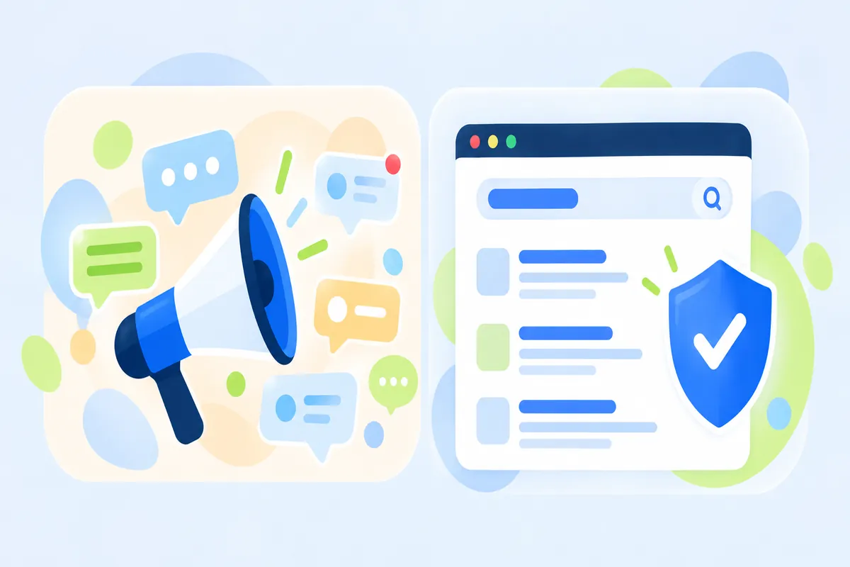 A megaphone surrounded by chat bubbles on the left, a tidy search results page with a shield on the right