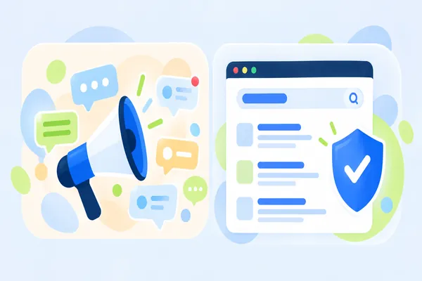 A megaphone surrounded by chat bubbles on the left, a tidy search results page with a shield on the right